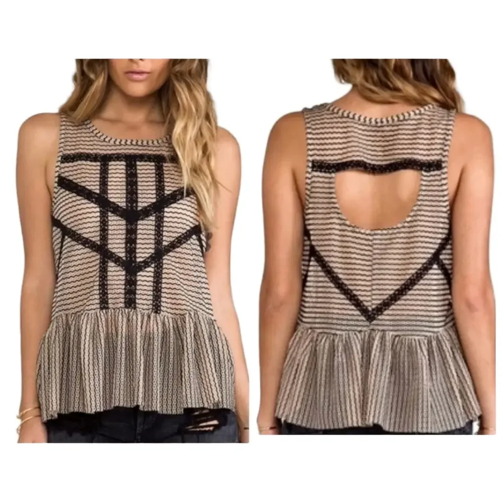 🛼Free People blue Striped peplum lace Blouse size M GUC